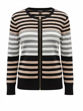 Tenney Rose Striped Zip-Front Cardigan Sweater. Black, Cream & Gray. Size Large